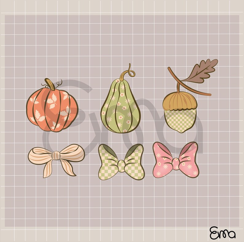 May include: A collection of fall-themed illustrations, including a pumpkin, a pear-shaped gourd, and an acorn with a leaf. Also, there are three bows in different colors and patterns. The background is a grid pattern.