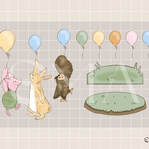 Puede incluir: Una ilustraci&oacute;n digital de los personajes de Winnie de Pooh, Piglet, Rabbit y Owl, con globos en el fondo. Los personajes est&aacute;n de pie en un &aacute;rea de hierba verde.