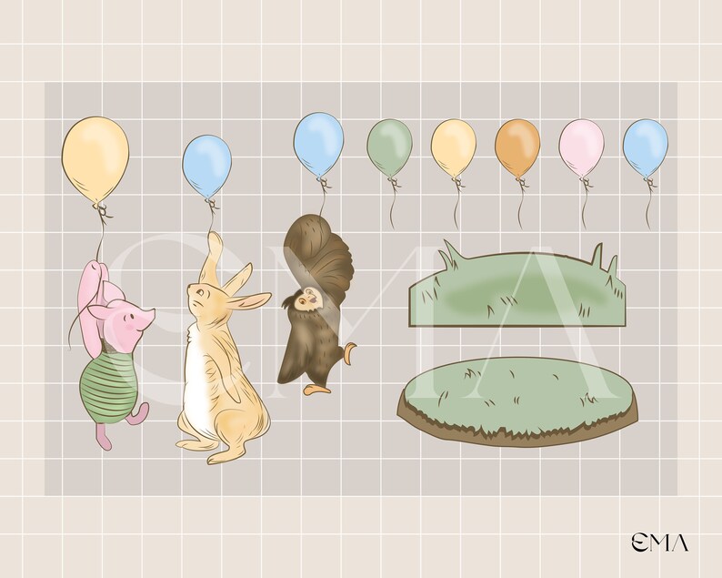 Puede incluir: Una ilustraci&oacute;n digital de los personajes de Winnie de Pooh, Piglet, Rabbit y Owl, con globos en el fondo. Los personajes est&aacute;n de pie en un &aacute;rea de hierba verde.