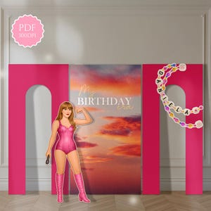 May include: A pink birthday party backdrop with a cutout of a person in a pink outfit holding a microphone. The backdrop features the text "My BIRTHDAY era" and a beaded name banner. A pink PDF 300DPI logo is in the upper left corner.