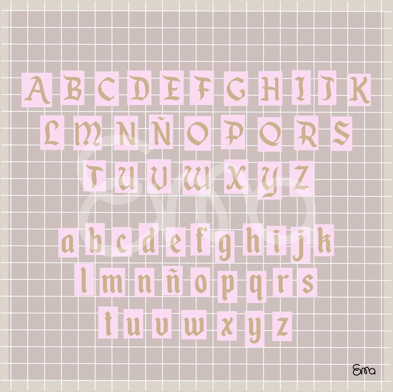 May include: A complete alphabet in uppercase and lowercase, displayed on a grid background. The letters are in a vintage serif font, with a gold color, set against a pink background. The background is a light gray grid.