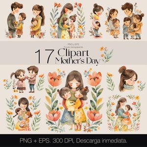 Día de las madres Clipart PNG en acuarela para recursos gráficos, paquete de imágenes prediseñadas para impresión y stickers EPS Cricut