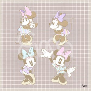 May include: Four illustrations of Minnie Mouse in various poses, each wearing a dress and bow. The dresses are pastel-colored, and the bows are pink, purple, and blue. The background is a grid pattern in a light purple hue.