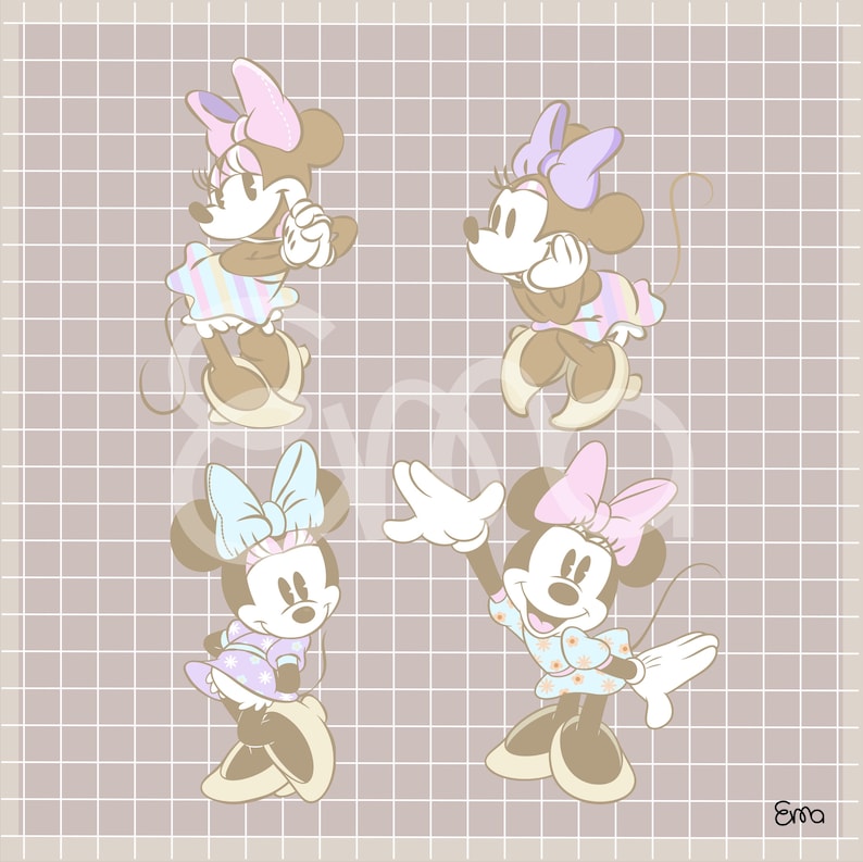 May include: Four illustrations of Minnie Mouse in various poses, each wearing a dress and bow. The dresses are pastel-colored, and the bows are pink, purple, and blue. The background is a grid pattern in a light purple hue.