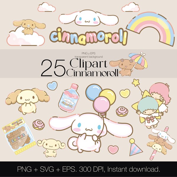 Kawaii Cinna mon Kitty Clipart, 25 diseños SVG, Bundle clásico con estilo chibi PNG paquete de imágenes prediseñadas para impresión y Cricut