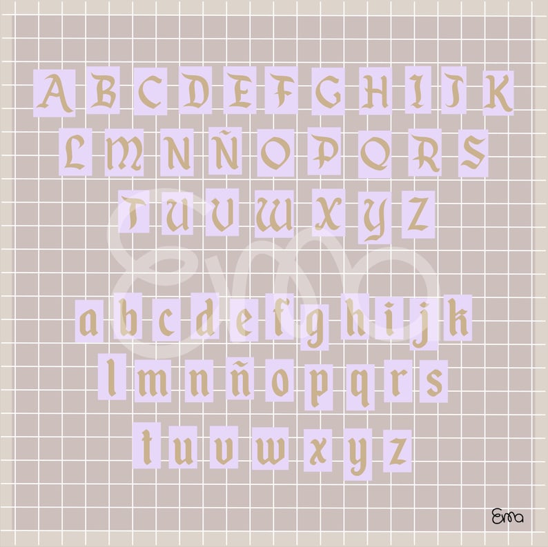 May include: A grid-patterned background with the alphabet in a vintage font. The uppercase and lowercase letters are in a gold color, set against lavender rectangles. The background is a light brown color with a grid pattern.