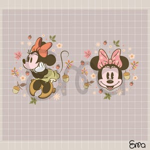 May include: Illustration of Minnie Mouse in an autumn theme. One image shows Minnie Mouse in a green dress and brown shoes, surrounded by acorns and leaves. The other image is a close-up of Minnie's face with a pink bow, also surrounded by autumn elements.