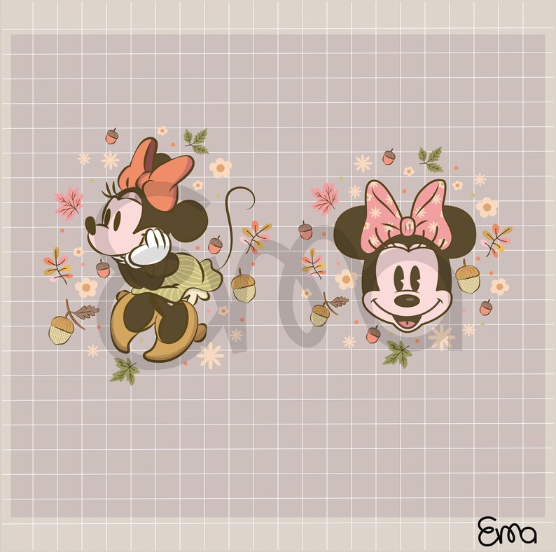May include: Illustration of Minnie Mouse in an autumn theme. One image shows Minnie Mouse in a green dress and brown shoes, surrounded by acorns and leaves. The other image is a close-up of Minnie's face with a pink bow, also surrounded by autumn elements.