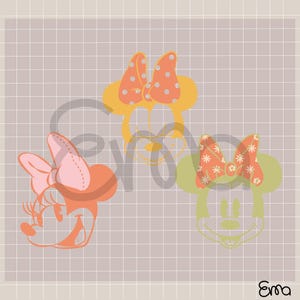 May include: Three cartoon illustrations of Minnie Mouse heads. One is orange with a pink bow, another is yellow with a polka dot bow, and the last is green with a floral bow. The background is a grid pattern.