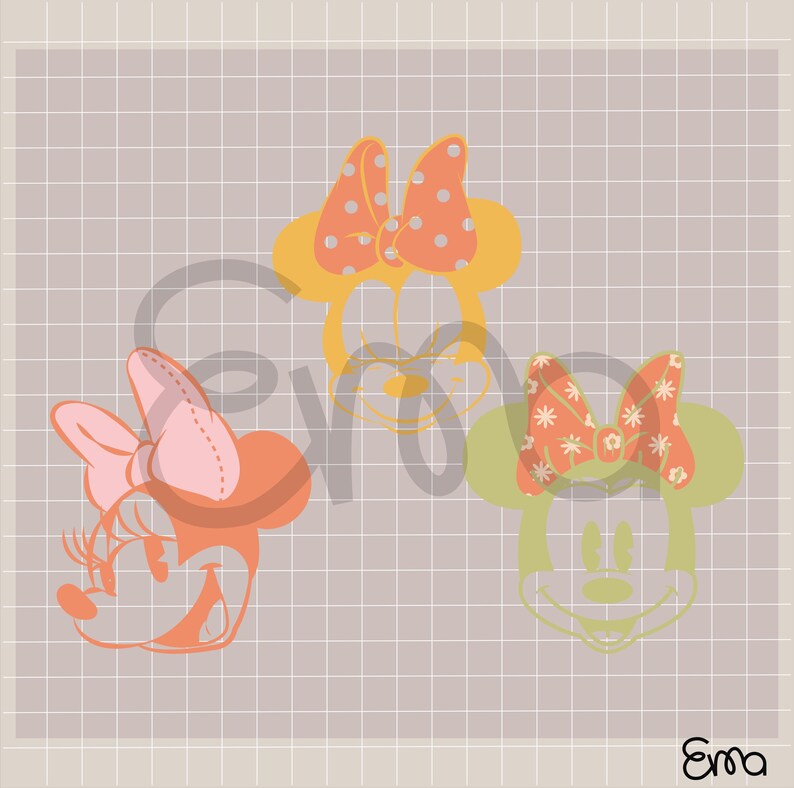 May include: Three cartoon illustrations of Minnie Mouse heads. One is orange with a pink bow, another is yellow with a polka dot bow, and the last is green with a floral bow. The background is a grid pattern.