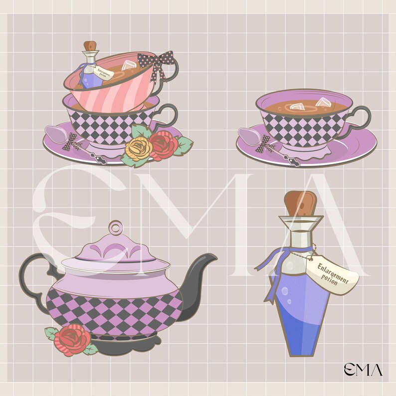 May include: Illustration of whimsical tea party elements. Includes stacked teacups with checkered patterns, a teapot, and a potion bottle labeled "Enlargement potion". The color palette features pink, purple, and black.