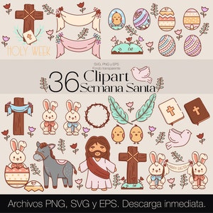 May include: A set of 36 Easter and Holy Week clipart images. The images include a cross, a dove, a wreath, a bunny, a chick, an egg, a banner, a book, and Jesus. The images are in a cartoon style and are perfect for use in digital scrapbooking, card making, and other crafts.