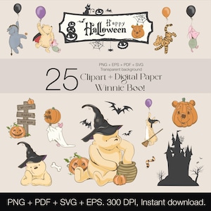 Winnie the Pooh Halloween ClipArt/ 25 Diseños PNG/ Winnie the Pooh clásico SVG/ Winnie the pooh acuarela + digital papers