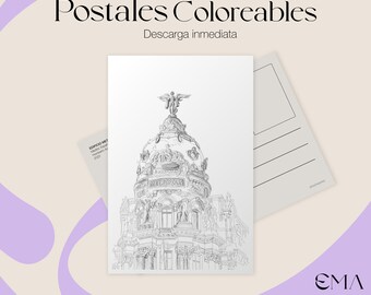 Postal para colorear y coleccionar / Postales de Madrid / Metropolitano Arte y Arquitectura emblemática / Postal imprimible y arquitectónico