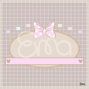 May include: A digital illustration featuring a light pink bow with white polka dots atop a tan oval. The word "ema" is written in cursive within the oval. A pink banner with Mickey Mouse ears on each end is below the oval. Small flags in pastel colors are above the oval.