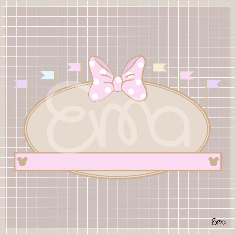 May include: A digital illustration featuring a light pink bow with white polka dots atop a tan oval. The word "ema" is written in cursive within the oval. A pink banner with Mickey Mouse ears on each end is below the oval. Small flags in pastel colors are above the oval.