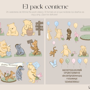 Puede incluir: Un conjunto de ilustraciones de personajes de Winnie the Pooh, incluyendo Winnie the Pooh, Piglet, Tigger, Eeyore y una abeja. Las ilustraciones son de estilo de dibujos animados y son perfectas para usar en proyectos de manualidades, scrapbooking o dise&ntilde;o digital. El conjunto tambi&eacute;n incluye una pancarta que dice "Feliz cumplea&ntilde;os" y un conjunto de letras y n&uacute;meros del alfabeto.