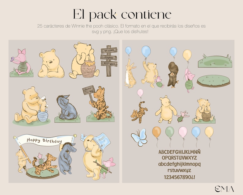 Puede incluir: Un conjunto de ilustraciones de personajes de Winnie the Pooh, incluyendo Winnie the Pooh, Piglet, Tigger, Eeyore y una abeja. Las ilustraciones son de estilo de dibujos animados y son perfectas para usar en proyectos de manualidades, scrapbooking o dise&ntilde;o digital. El conjunto tambi&eacute;n incluye una pancarta que dice "Feliz cumplea&ntilde;os" y un conjunto de letras y n&uacute;meros del alfabeto.