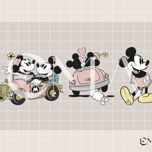 May include: A vintage illustration of Mickey Mouse and Minnie Mouse in a pink car. Mickey is driving and Minnie is in the passenger seat. There is a heart above their heads.  Mickey Mouse is walking behind the car.  The image has a grid background.