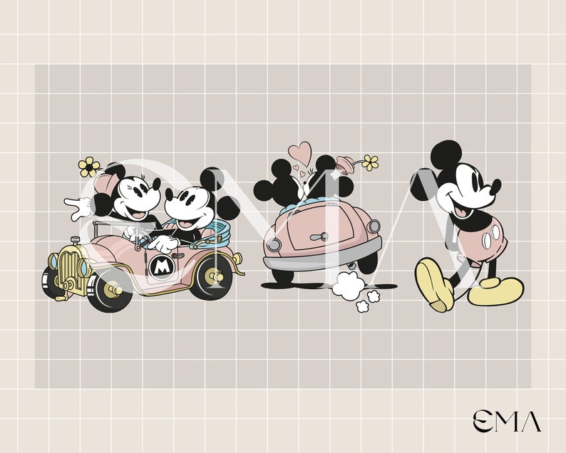 May include: A vintage illustration of Mickey Mouse and Minnie Mouse in a pink car. Mickey is driving and Minnie is in the passenger seat. There is a heart above their heads.  Mickey Mouse is walking behind the car.  The image has a grid background.