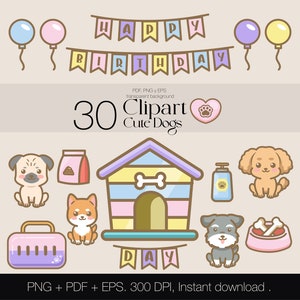 Kawaii Dog Clipart, 30 diseños PNG, Bundle con estilo pop chibi PDF, paquete de imágenes prediseñadas EPS pegatinas, impresión y cricut