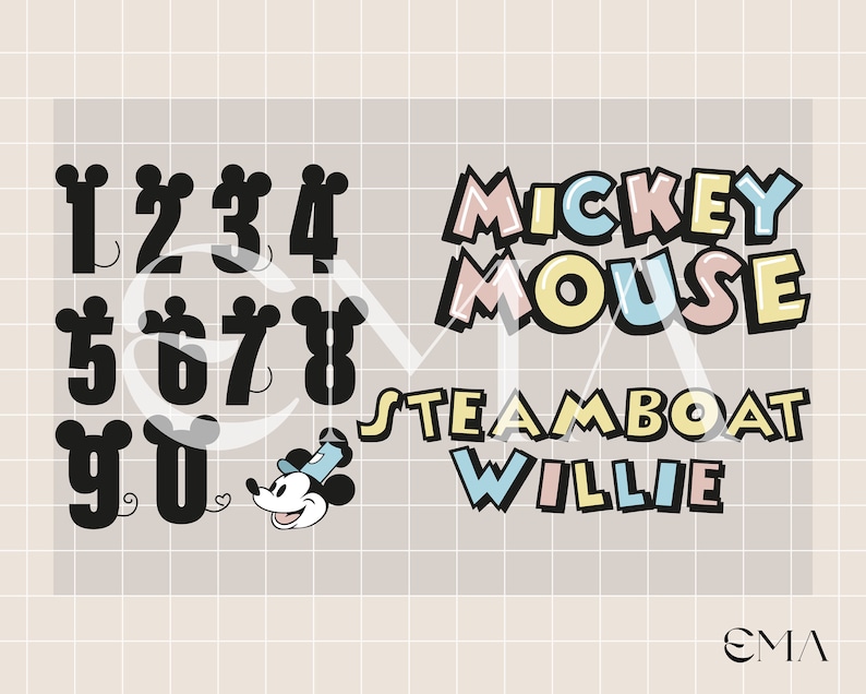 Este paquete incluye logotipo de Mickey y caracteres numéricos