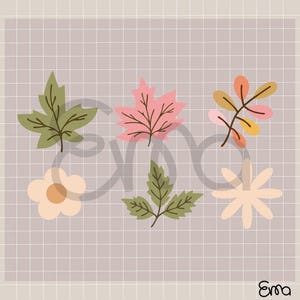 May include: A collection of stylized autumn-themed illustrations. The image features a variety of leaves and flowers in shades of green, pink, orange, and beige, set against a grid background. The artist's signature is in the bottom right corner.