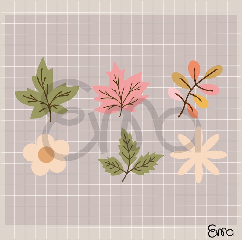 May include: A collection of stylized autumn-themed illustrations. The image features a variety of leaves and flowers in shades of green, pink, orange, and beige, set against a grid background. The artist's signature is in the bottom right corner.
