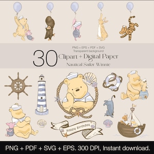 Clip Art di Winnie the Pooh marinaio nautico/ 30 disegni SVG/ Winnie the Pooh classico/ Winnie the Pooh acquerello + carte digitali