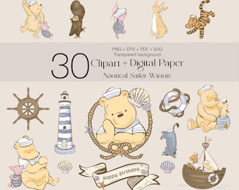 Nautical Sailor Winnie the Pooh ClipArt/ 30 SVG Designs/ Classic Winnie the Pooh/ Winnie the pooh watercolor + digital papers