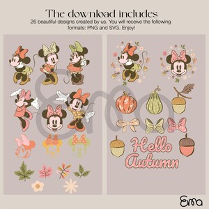 Increíbles diseños de Minnie Mouse en otoño, junto con diseños de hojas conmemorativas a la temporada otoñal, ademas, de un letrero que servirá para cualquier ocasión especial