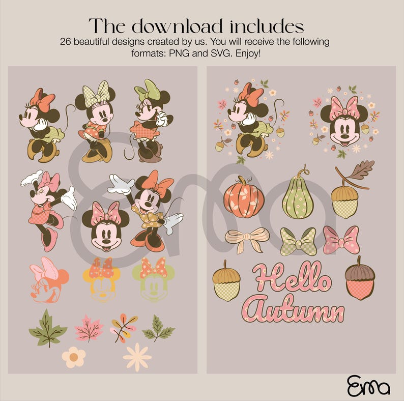 Increíbles diseños de Minnie Mouse en otoño, junto con diseños de hojas conmemorativas a la temporada otoñal, ademas, de un letrero que servirá para cualquier ocasión especial