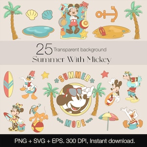 Mickey Mouse zomer clipart PNG, klassieke kleur SVG bundel, clipart bundel voor print en Cricut EPS