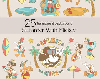 May include: A set of 25 summer-themed digital clipart images featuring Mickey Mouse, Donald Duck, Goofy, and other Disney characters. The images are in a cartoon style and include a variety of summer activities, such as swimming, surfing, and sunbathing. The images are perfect for creating invitations, cards, and other crafts.