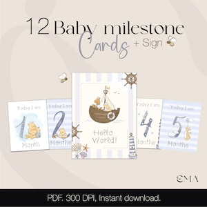 Nautical Sailor Winnie The Pooh Milestone PDF, 12 cartes d’étape et d’anniversaire pour bébé avec style aquarelle et panneau de bienvenue