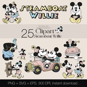 Mickey Mouse Steamboat Willie Clipart, Classic 1928 Color SVG Bundle, Clipart Bundle pour impression et Cricut EPS