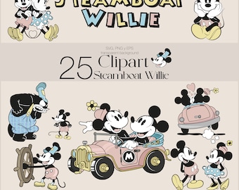 Mickey Mouse Steamboat Willie Clipart, Classic 1928 Color SVG Bundle, EPS Clip Art Pack for Print & Cricut