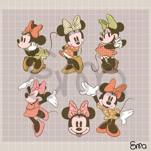 May include: A collection of six Minnie Mouse illustrations in various poses. Each character has a large bow, a dress, and white gloves. The color palette includes shades of pink, orange, green, and brown. The background is a grid pattern.