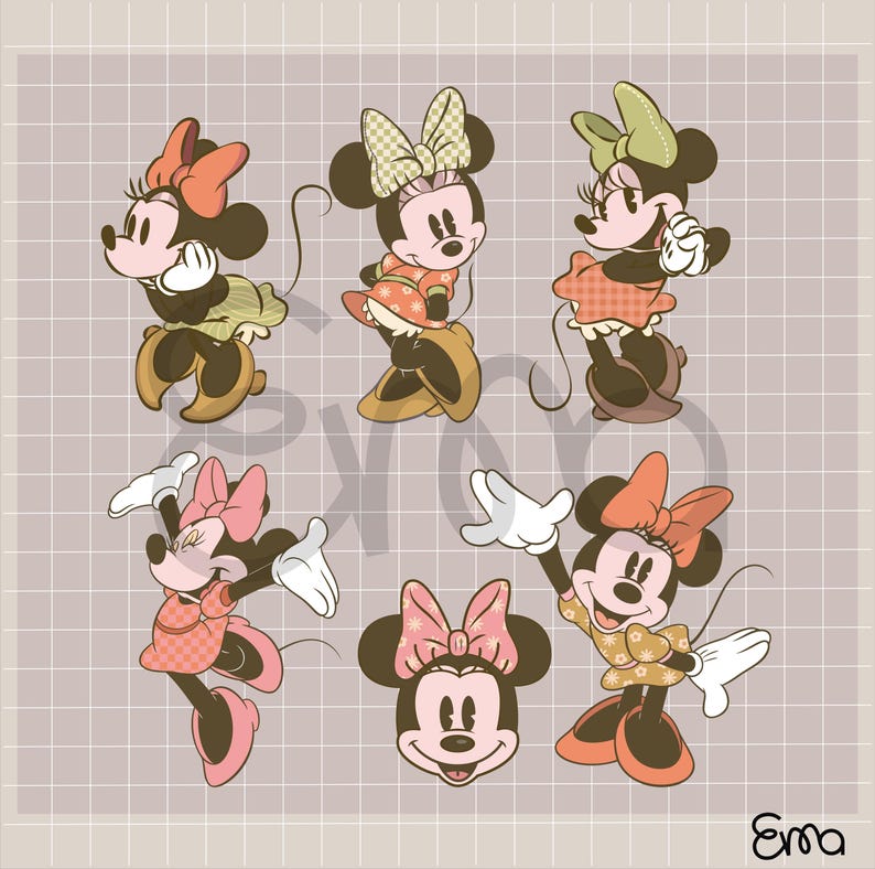 May include: A collection of six Minnie Mouse illustrations in various poses. Each character has a large bow, a dress, and white gloves. The color palette includes shades of pink, orange, green, and brown. The background is a grid pattern.