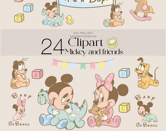 May include: A set of 24 digital clipart images featuring Mickey Mouse and friends in baby outfits. The images include Mickey Mouse, Minnie Mouse, Pluto, Goofy, and Donald Duck. The images are in a cartoon style and are perfect for baby shower invitations, scrapbook pages, and other craft projects.