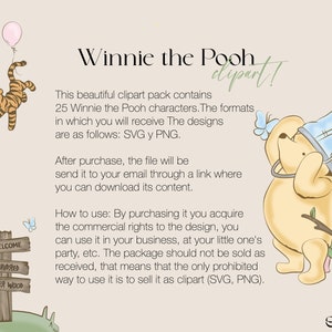 Puede incluir: Un paquete de clipart digital con personajes de Winnie the Pooh. El paquete incluye 25 ilustraciones en formatos SVG y PNG. El texto en la imagen dice "Winnie the Pooh clipart! Este hermoso paquete de clipart contiene 25 personajes de Winnie the Pooh. Los formatos en los que recibir&aacute;s los dise&ntilde;os son los siguientes: SVG y PNG. Despu&eacute;s de la compra, el archivo se enviar&aacute; a tu correo electr&oacute;nico a trav&eacute;s de un enlace donde podr&aacute;s descargar su contenido. C&oacute;mo usarlo: Al comprarlo, adquieres los derechos comerciales del dise&ntilde;o, puedes usarlo en tu negocio, para la fiesta de tu peque&ntilde;o, etc. El paquete no debe venderse tal como se recibi&oacute;, lo que significa que la &uacute;nica forma prohibida de usarlo es venderlo como clipart (SVG, PNG)."