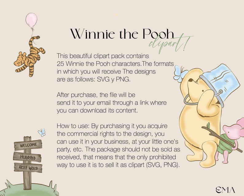 Puede incluir: Un paquete de clipart digital con personajes de Winnie the Pooh. El paquete incluye 25 ilustraciones en formatos SVG y PNG. El texto en la imagen dice "Winnie the Pooh clipart! Este hermoso paquete de clipart contiene 25 personajes de Winnie the Pooh. Los formatos en los que recibir&aacute;s los dise&ntilde;os son los siguientes: SVG y PNG. Despu&eacute;s de la compra, el archivo se enviar&aacute; a tu correo electr&oacute;nico a trav&eacute;s de un enlace donde podr&aacute;s descargar su contenido. C&oacute;mo usarlo: Al comprarlo, adquieres los derechos comerciales del dise&ntilde;o, puedes usarlo en tu negocio, para la fiesta de tu peque&ntilde;o, etc. El paquete no debe venderse tal como se recibi&oacute;, lo que significa que la &uacute;nica forma prohibida de usarlo es venderlo como clipart (SVG, PNG)."