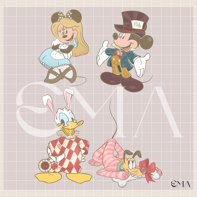 May include: Four cartoon characters: Minnie Mouse in an Alice in Wonderland dress, Mickey Mouse in a Mad Hatter outfit, Donald Duck in a harlequin costume, and Pluto in striped pajamas. The characters are set against a light purple grid background.