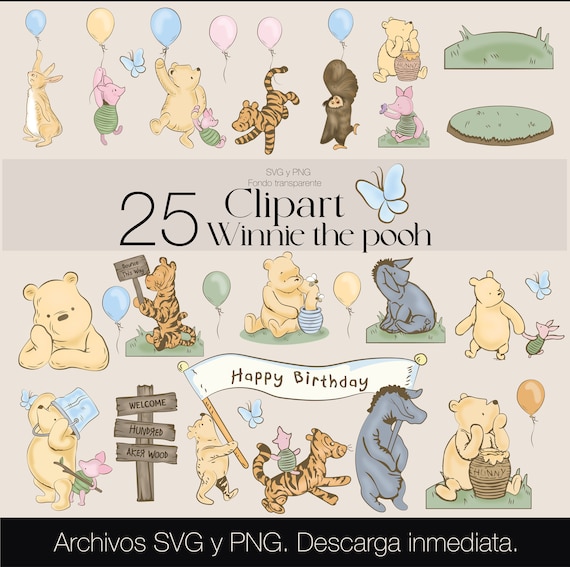 Winnie the Pooh ClipArt/ 25 Diseños SVG/ Winnie the Pooh clásico/  Paquete de pooh clásico/ Winnie the pooh acuarela