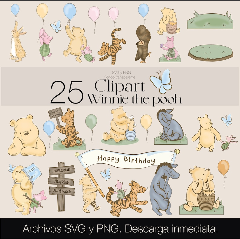 Hermosopaquete de cliparts de winnie the pooh clasico. Este paquete contiene 25 diseños en formato svg y png.