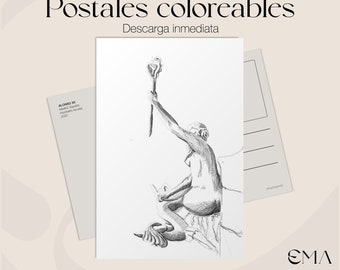 Postal para colorear y regalar / Postales de Madrid / Escultura histórica / Decoración o colección / correo postal minimalista