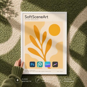 May include: A white framed poster featuring the text SoftSceneArt Styled Mockups, a yellow abstract plant illustration, and a yellow sun. The bottom includes icons for Photoshop, Procreate, Canva, and Procreate, with text Digital Download.