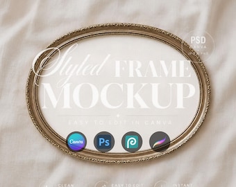 Ovaler Rahmen Mockup, Vintage Gold Wand Kunst Display, Horizontale Canva Vorlage und PSD