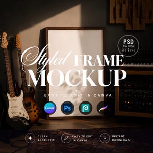 May include: A styled frame mockup with a dark wooden frame and a white interior. The image includes text that reads "Styled FRAME MOCKUP" and "EASY TO EDIT IN CANVA". The image also features electric guitars and design software icons.