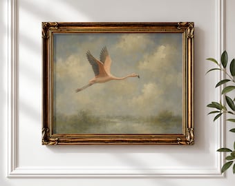 Estampado vintage de flamencos, pintura de aves costeras, arte para casa de lago (descarga digital)
